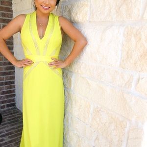 Bebe long neon yellow dress lace detail size 2
